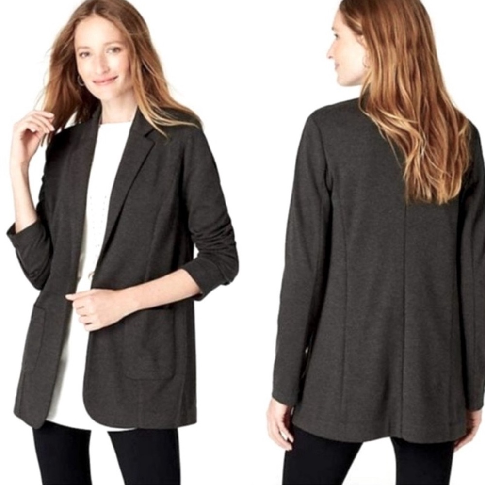 J Jill Womens Ponte Knit Blazer Size Large Gray Open Front Pocket Stretch EUC